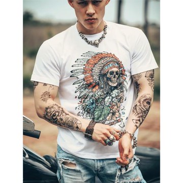 歐美風西部搖滾樂隊骷髏頭重金屬純棉短袖T恤男民族印第安人頭像