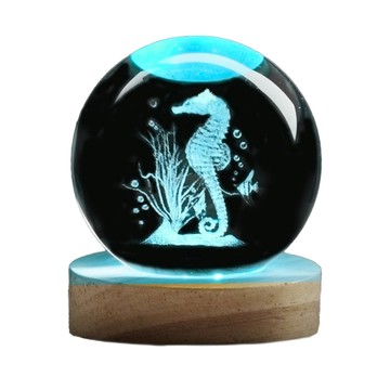 ALL SPLENDID 海馬 水晶球 6cm + USB七彩實木燈座 7 x 2cm  海馬 木色 + 透明色