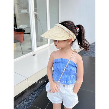 親子兒童防曬帽女童帽子珍珠草帽夏季寶寶遮陽帽太陽帽小孩空頂帽