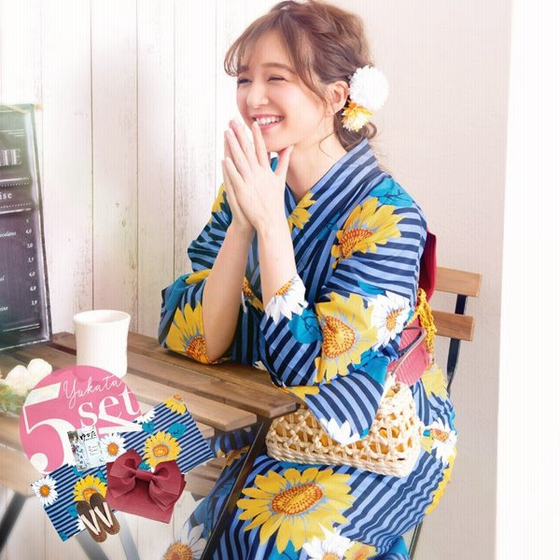 浴衣 セット レディース 大人 浴衣セット ゆかた 作り帯 下駄 着付け本 腰ひも 高級浴衣5点セット 白 可愛い レトロ ひまわり 紺 22 通販 Lineポイント最大0 5 Get Lineショッピング