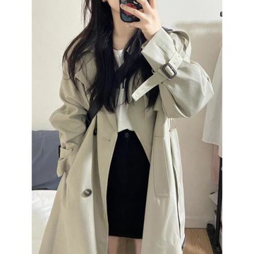 米白色風衣外套女中長款2025春秋新款韓版寬松休閑百搭小個子大衣