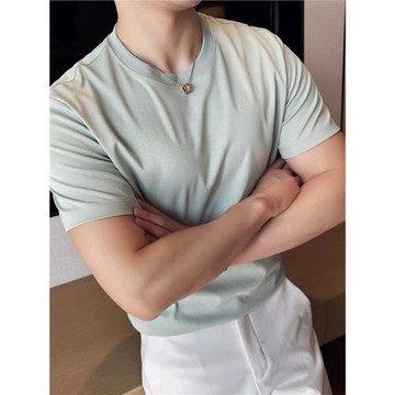 2025夏季薄款透氣冰絲短袖T恤男輕熟商務液氨純色全棉打底衫半袖