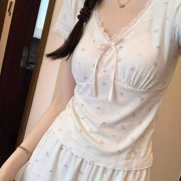 DUYI~夢詩 睡衣女甜美碎花蕾絲花邊帶胸墊短袖短褲涼感家居服套裝可外穿