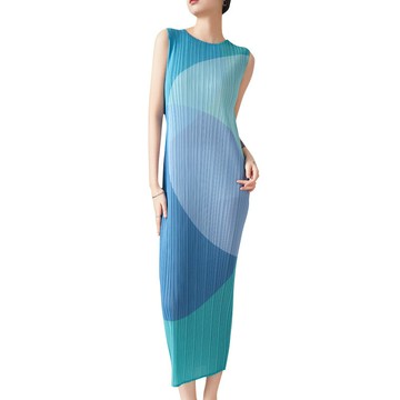 現貨+預購 三宅風皺褶衣服洋裝褶皺長裙無袖連身裙摺衣彈力顯瘦折衣大碼-印花背心裙3色74fe29【獨家進口】【米蘭精品】