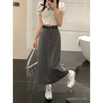 BA半身裙 中長裙 A字長裙 休閒裙 長裙女 小個子開叉西裝半身裙春夏秋新款高腰垂感中長裙子女裝A字裙L