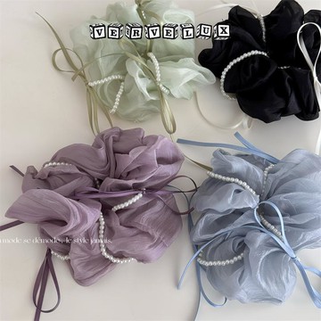 两件9.9折🔥臺灣出貨🔥可開發票✅法式復古芭蕾風蝴蝶結珍珠大腸髮圈女高級感韓系緞面頭繩新款髮飾