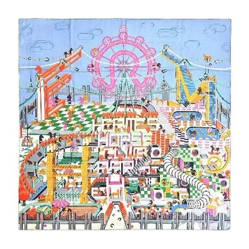 Hermes 愛馬仕 Hermès Horse Club 140 cm手工捲邊喀什米爾與真絲混紡方巾(天空藍/玫瑰)