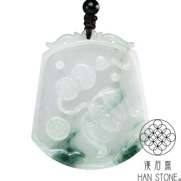 【漢石齋】天然翡翠A貨 蝙蝠帶財玉佩吊墜 冰糯種飄花(43*51*5mm)