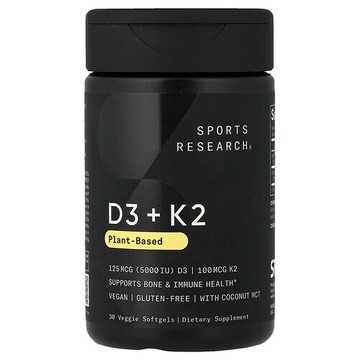 Sports Research, D3 + K2，植物基，30 粒素食軟膠囊