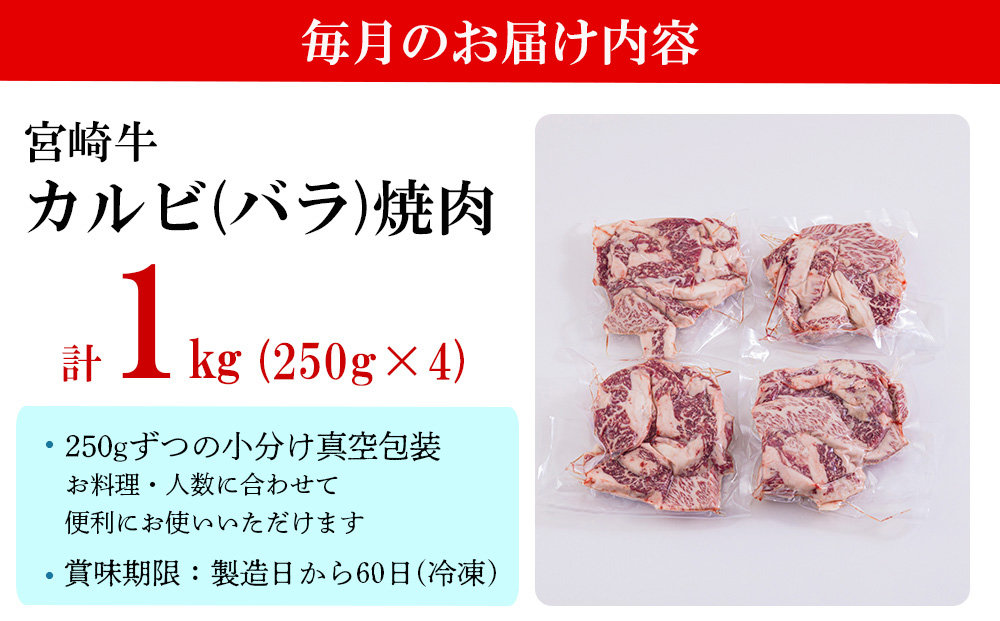  宮崎牛 カルビ 焼肉 1kg (250g×4) ×3回 合計3kg 小分け 真空包装 バラ 冷凍 送料無料 国産 牛 肉 焼肉 BBQ バーベキュー キャンプ カルビ丼 普段使い 収納 スペース すっきり 毎月 お届け クッパ 調理 料理 おかず