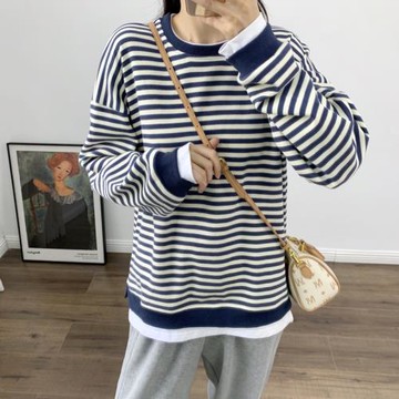 假兩件條紋圓領衛衣女春秋薄款2025年新款減齡韓版寬松休閑上衣潮