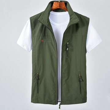 男士薄款透氣網眼速乾多口袋馬甲 背心立領戶外春秋素色馬甲