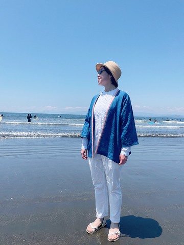 日本製造 手染亞麻麵料，染成靛藍，放鬆身心 早安外罩 aizome japan blue