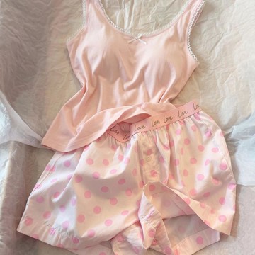 Xuan♥睡衣女雲朵棉韓系少女粉色蝴蝶結吊帶夏季新款點短褲家居服兩件套