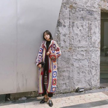 2024秋季新款歐美范潮純手工鉤針連帽長袖民族風提花長款毛衣外套