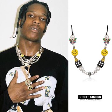 master歐美珍珠骷髏頭骰子蝴蝶笑臉t恤銀項鏈潮流hiphop