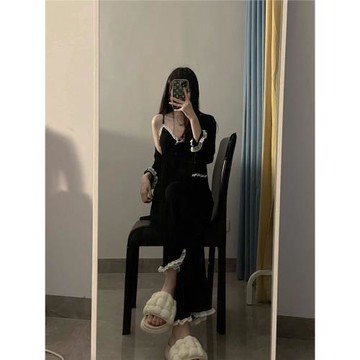 法式高級感吊帶睡衣女春秋季網紅風少女甜美開衫長褲家居服三件套
