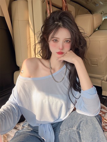 新款寬松薄款長袖T恤防曬衫女夏設計感小眾開叉綁帶短款上衣