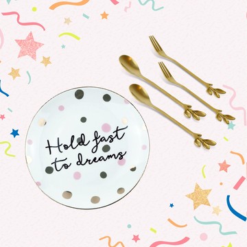 快速出貨🚚【新婚快樂 祝福加倍1+1】韓風點點金邊陶瓷點心盤+叉勺1組【Caldo 卡朵生活】