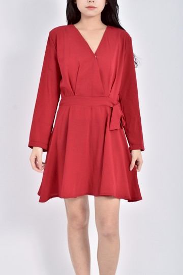 (M) eyescream長袖蝴蝶結紅色洋裝