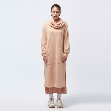 台灣製-甦活華夫格開叉圍巾領洋裝-杏色