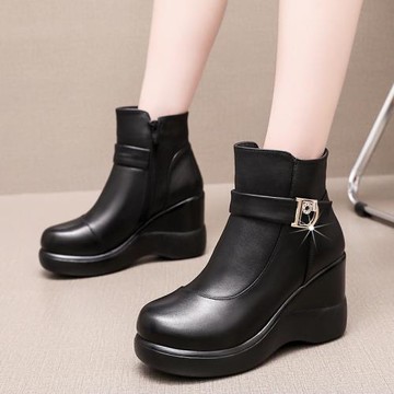 真皮坡跟短筒靴女冬松糕厚底保暖防水臺媽媽皮靴高跟圓頭加絨棉靴