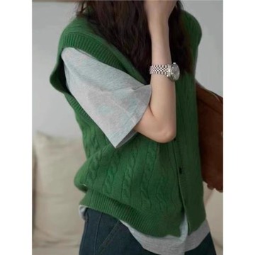 v領綠色針織衫馬甲背心女初秋疊穿毛衣無袖坎肩外穿復古羊絨上衣