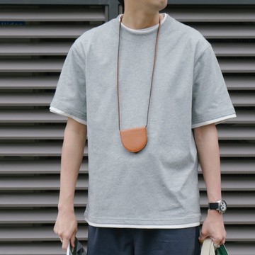 T-shirt 兩色基礎款純色假兩件圓領短袖tee恤 寬松重磅面料舒適