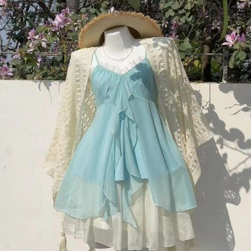 免運 臺灣出貨POSHOP  人魚戀歌 vintage復古雪紡上衣套裝  顯瘦夏季上衣兩件套限時下殺 0515🔥🔥