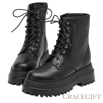 【Grace Gift】當代主義圓頭輕量增高綁帶靴 黑