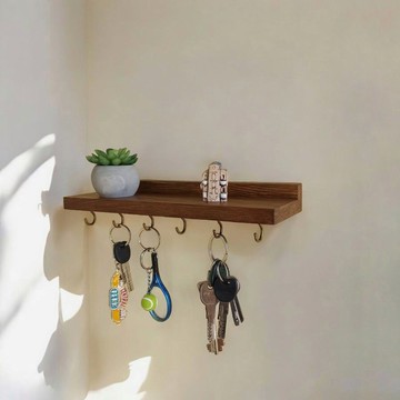 手工製作的木製浮動擱板，帶掛鉤，30 厘米，6 個掛鉤