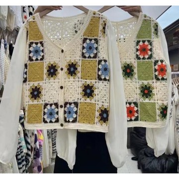 韓系鉤花鏤空針織開衫女2022早秋新款設計感v領寬松短款長袖上衣