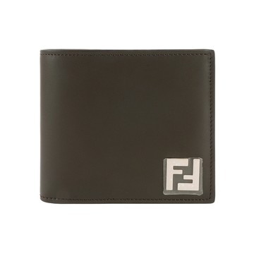 FENDI 銀色FF Logo 皮革拼接塗層帆布對開8卡短夾(灰棕色/棕色) 7M0356 AFF2 F1Q1C