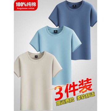 3件裝重磅男士短袖t恤純棉夏季寬松純色圓領半袖上衣白色打底衫潮