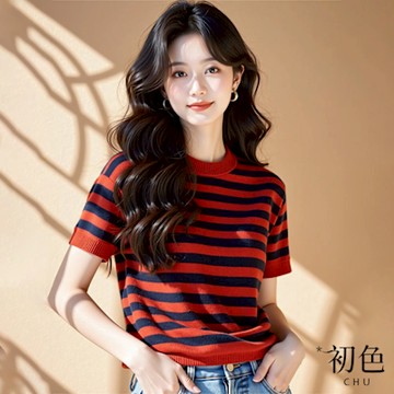 初色 休閒風減齡撞色拼接條紋圓領短袖針織衫T恤上衣女上衣-條紋-11110(F可選/現貨+預購)