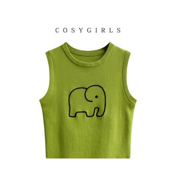 背心外穿女秋新款大象刺繡薄款針織衫修身短款無袖吊帶冰絲上衣潮