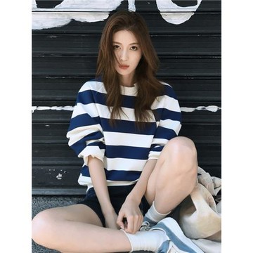 早秋新款小個子韓系上衣美式復古慵懶chic白色條紋圓領長袖衛衣女