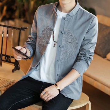 中國風夾克男裝龍紋刺繡唐裝中式盤扣上衣帥氣棉麻外套青年中山裝