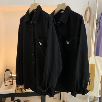 質量贊  bf風黑色牛仔襯衫女中長款B-12春季寬松復古長袖外套上衣