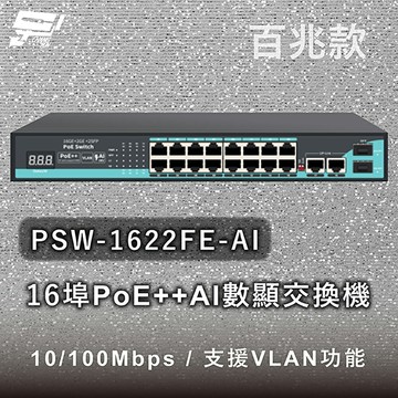 昌運監視器 PSW-1622FE-AI 16埠百兆款PoE++ AI數顯交換機 10/100Mbps