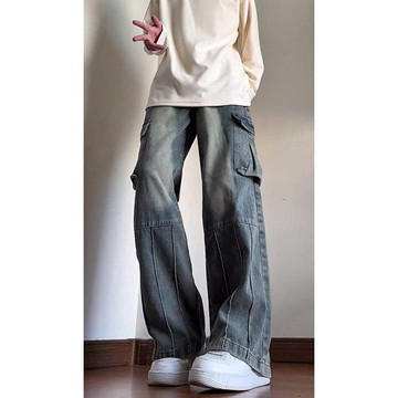 復古大口袋工裝牛仔褲男女 秋季新款高街顯瘦闊腿長褲子