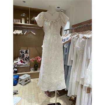 2025夏季新款韓版修身抽繩設計長款重工刺繡泡泡袖法式顯瘦連衣裙