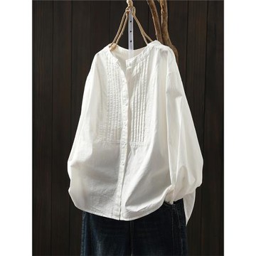 風琴褶皺純棉白襯衫女寬松長袖2025秋季簡約休閑百搭立領氣質襯衣