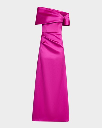 Pleated One-Shoulder Stretch Mikado Gown
