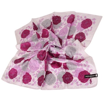 YSL Yves Saint Laurent 浮水印字母LOGO玫瑰圖騰100%絲質大帕領巾(粉紅色系/58CM)