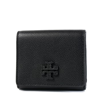 TORY BURCH THEA 皮革標鵝卵石紋釦式三折短夾-黑色