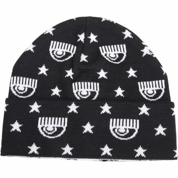 Chiara Ferragni 眨眼星星羊毛混紡反摺針織帽(黑白色)