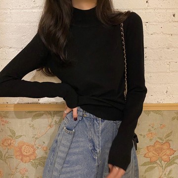 純色百搭緊身針織上衣內搭修身顯瘦包芯紗半高領黑色打底衫女秋冬