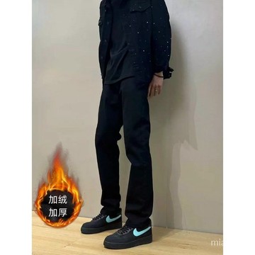【48小時髮貨】美式高街cleanfit簡約黑色加絨加厚顯瘦牛仔褲修身直筒休閒長褲潮 VVNU