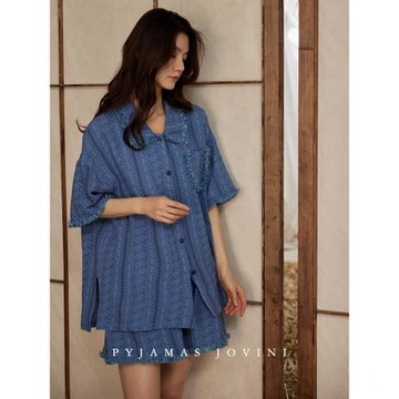 俏薇妮睡衣女夏季帶胸墊一體純棉紗布嬰兒棉涼感薄款藍色短袖套裝